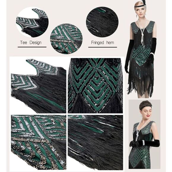 ✨💚 Flapper Great Gatsby 1920s Retro Tassel Fringe Sequin Green Dress XL NEW - Picture 15 of 17